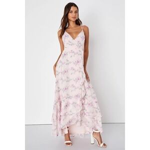 Lulus In Love Forever Pink Floral Maxi Dress Ruffle V Neck Sleeveless Size Small